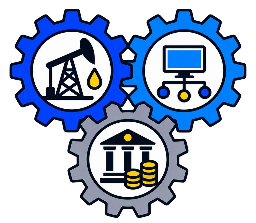 Die drei einflussreichen Machtkomplexe: fossil (Ölpumpe), digital (Netzwerk) und finanzwirtschaftlich (Bank). Sie greifen ineinander wie Zahnräder.